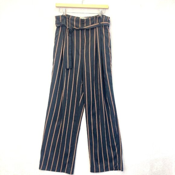 Vince Wide Leg Paperbag Belted Dress Pants Womens 6 Blue Striped Preppy Crepe - Picture 1 of 15